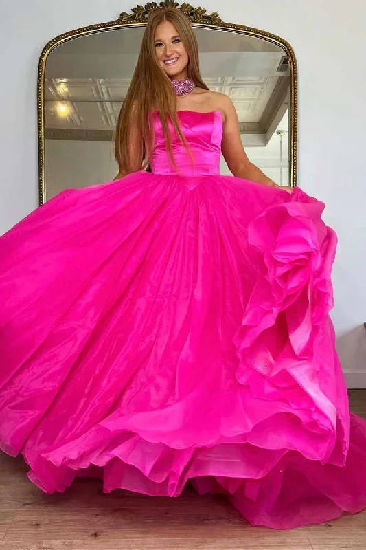 Neon Pink Strapless A-Line Long Prom Dress with Beaded Neck Boho Chic Maxi