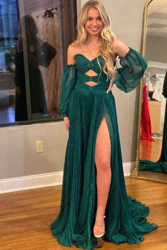 Off-Shoulder Beaded Strapless Cutout Long Prom Dress with Balloon Sleeves Sexy Long Skirt