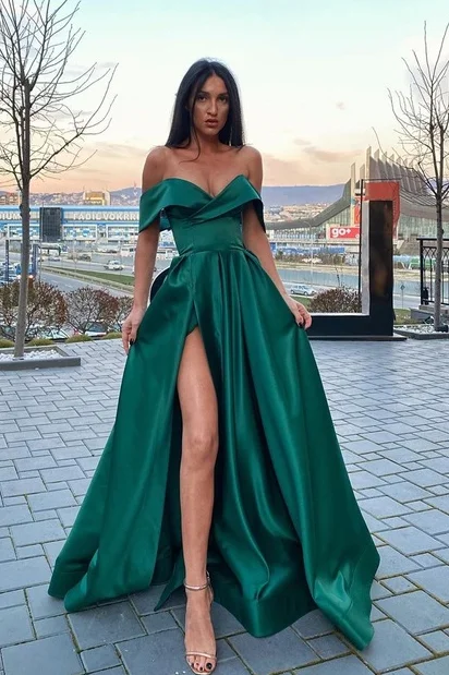 Off-Shoulder V-Neck Empire-Waist Satin High Slit Pleated Long Prom Dress Printed A-line Maxi