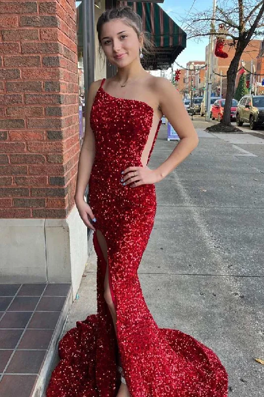 One-Shoulder Red Sequin Mermaid Long Prom Gown with Slit Silk Maxi Skirt