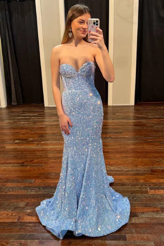 Periwinkle Iridescent Sequin Sweetheart Mermaid Long Prom Dress Front Slit Maxi