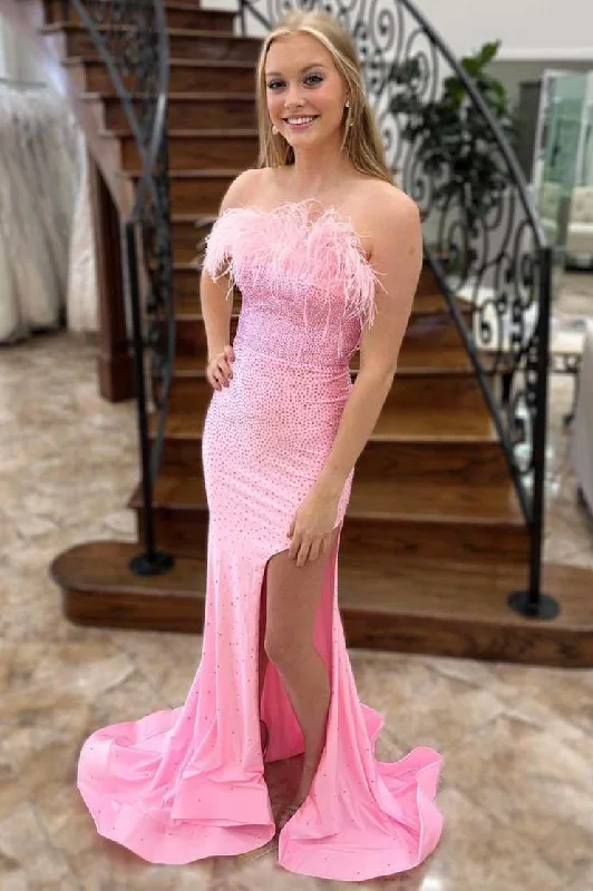 Pink Beaded Feather Strapless Lace-Up Mermaid Long Prom Dress Black Maxi Skirt