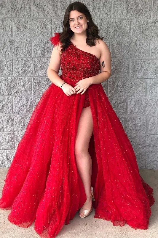 Red Beaded One-Shoulder Long Prom Dress with Slit Floral Maxi Skirt