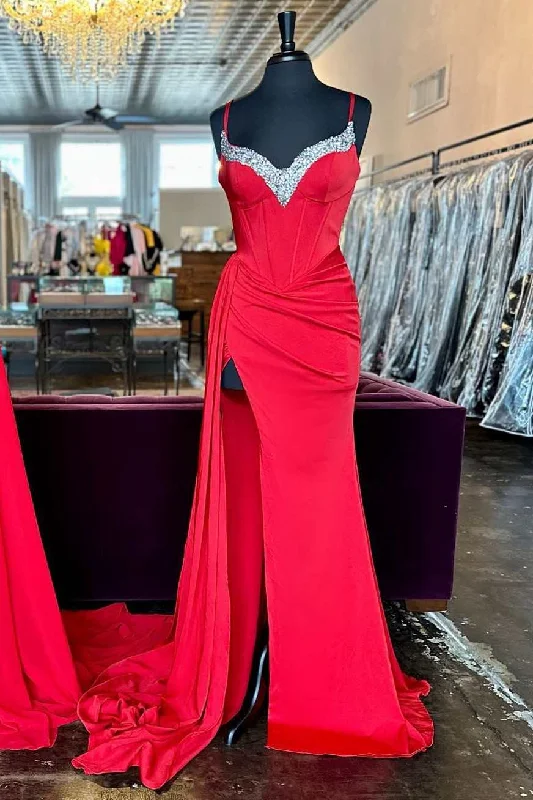 Red Beaded Queen Anne Neck Straps Long Formal Gown with Attached Train Ruffle Maxi Skirt