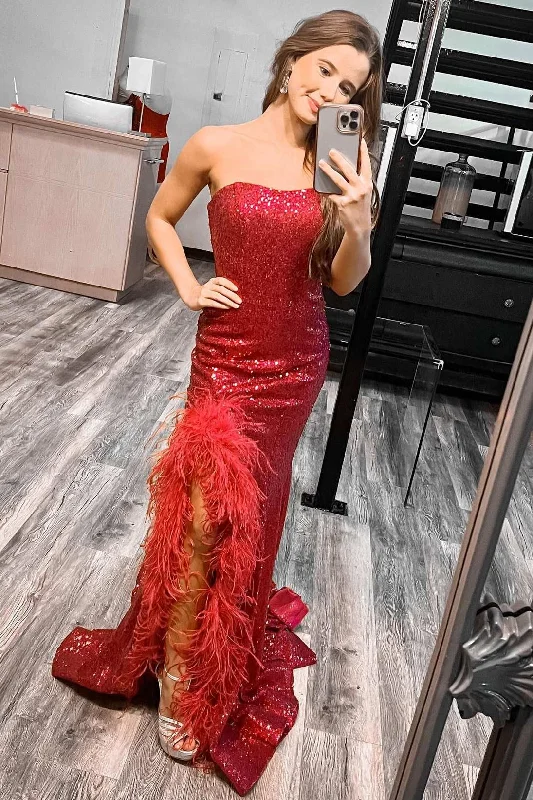 Red Sequin Feather Strapless Mermaid Long Prom Dress with Slit High-Waist Maxi Skirt