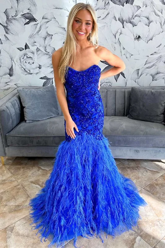 Royal Blue Feathers Beaded Strapless Trumpet Long Formal Gown Stylish Maxi Skirt