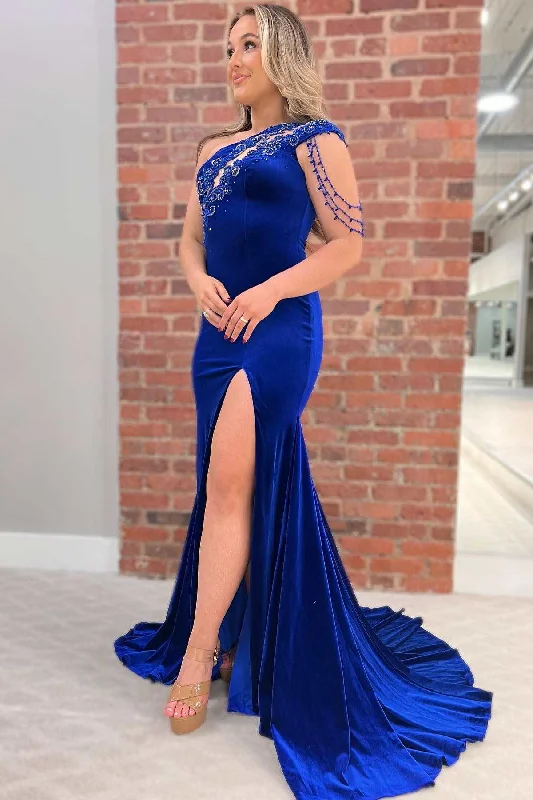 Royal Blue Velvet Applique Keyhole Mermaid Long Formal Gown with Slit Long Boho Skirt