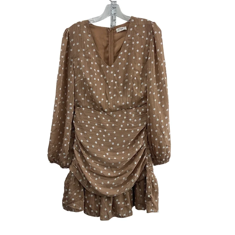 Storia Light Brown Polka Dot Ruched Long Sleeve Dress M Women's Preowned Front Slit Skirt