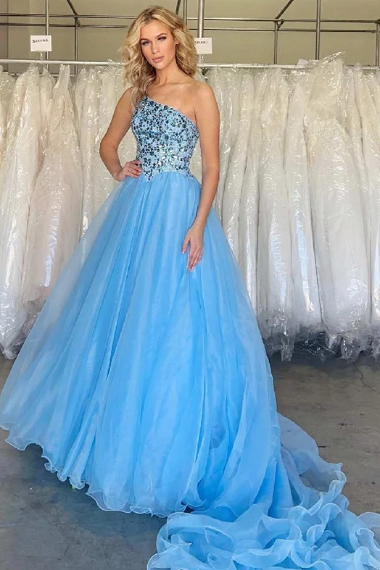 Stunning One-Shoulder Blue A-Line Long Prom Gown Pleated Maxi Skirt