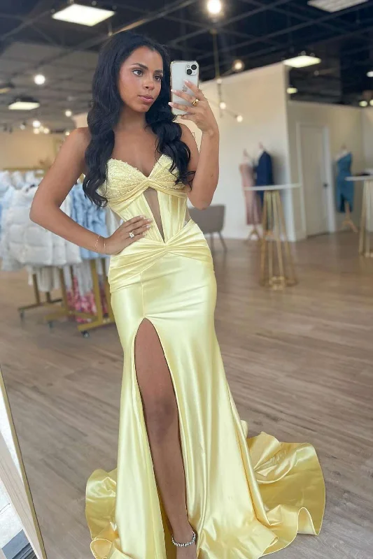 Yellow Strapless Beads Keyhole Satin Pleated Long Prom Dress with Slit Satin Maxi Skirt