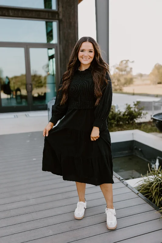 Black Sweater Vest and Tiered Midi Dress Set Button-down Midi Skirt