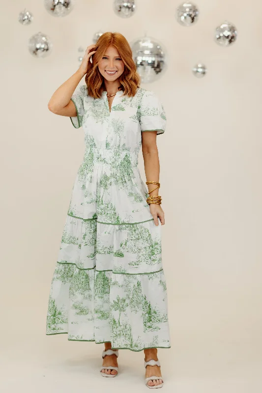 Sea Green Notch Neck Short Sleeve Printed Midi Dress Flared Midi Skirt