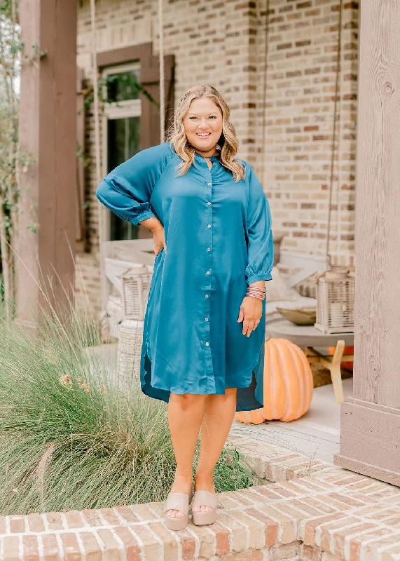 Teal Satin Notch Neck Button Down Midi Dress Ruffled Skirt Midi