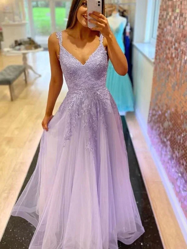 A Line V Neck Beaded Lace Long Prom Dresses, Lace Formal Dresses, Lavender Evening Dresses Y1802 Lace Dress Trend