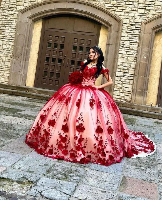 Custom Made 3D Flower Red Lace Quinceanera Dresses Off the Shoulder Ball Gown Y6956 Lace Skater Dress