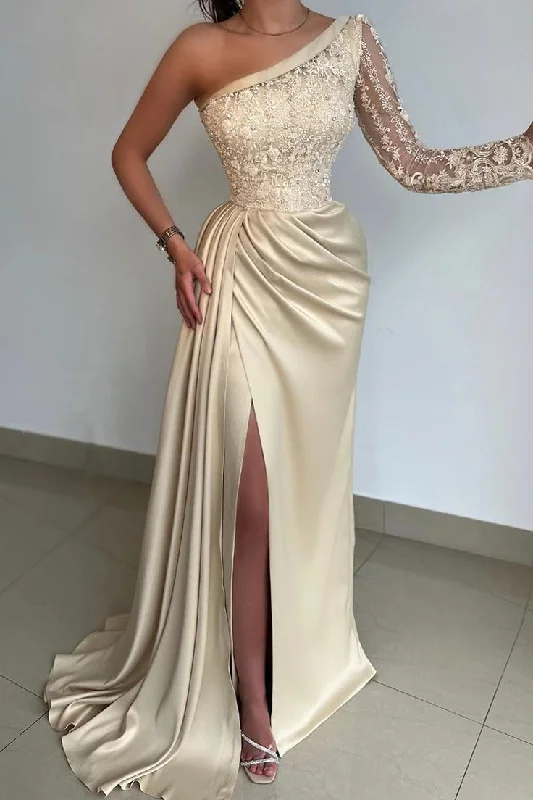 Elegant One Shoulder Lace Long Sleeve Satin Prom Dress With Slit Y6636 Simple Lace Gown