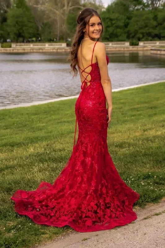 Elegant Red Mermaid Lace-up Back Prom Dress Y6297 Elegant Lace Design