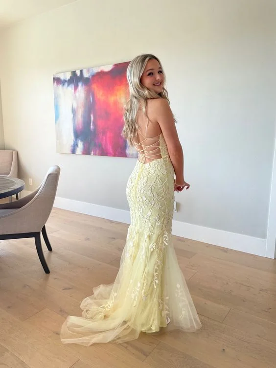 Elegant Yellow Backless Lace Prom Dress,Yellow Formal Gown Y7074 Sexy Lace Gown