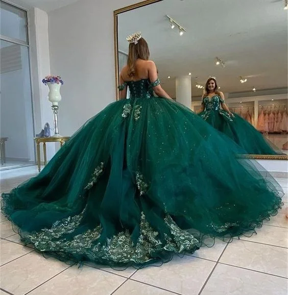 Emerald Green Quinceanera Dresses for Sweet 15 Year Ball Gown Sexy Off the Shoulder Puffy Lace Appliques Princess Dress Y6596 Lace Dress Layers