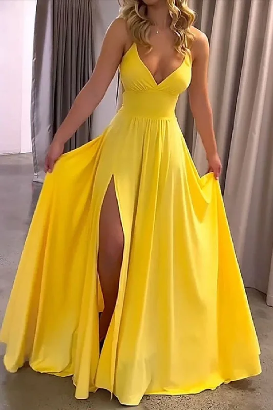 Fashion Ladies Summer Yellow V Neck Lace Up Slits Elegant Prom Dress Y7084 Lace Dress Bohemian