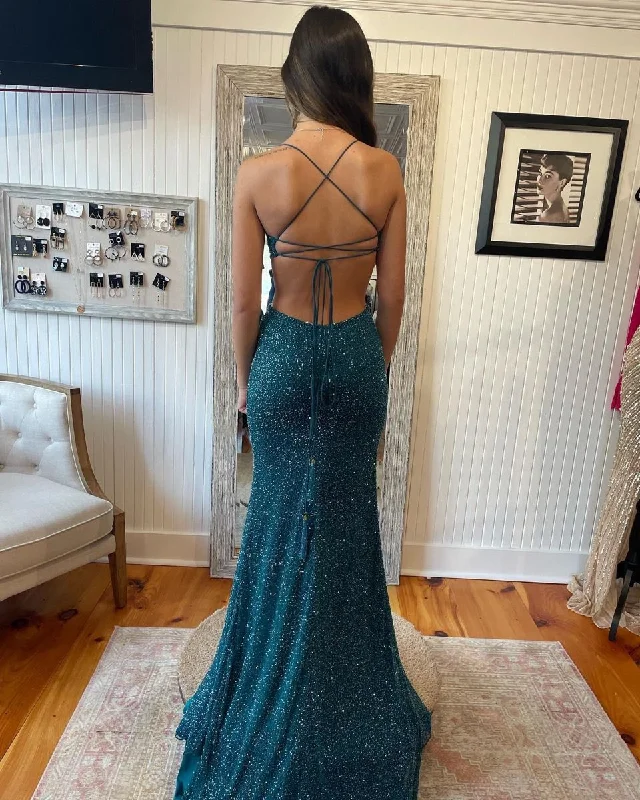 Glitter Mermaid Prom Dress With Lace-up Back,Winter Dance Dress Y5225 Long Sleeve Lace Dress