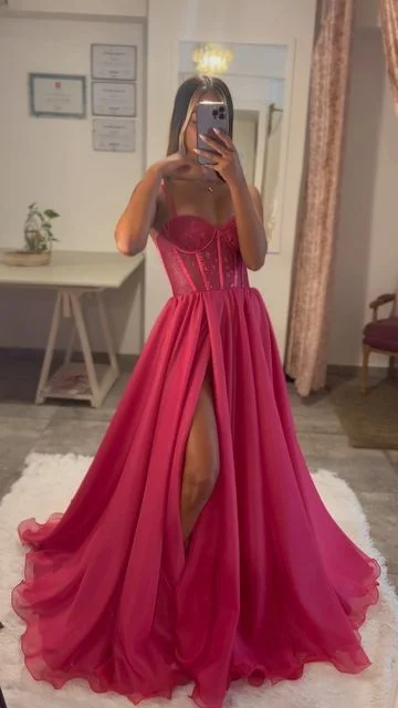 Hot Pink A Line Lace Bodice Side Slit Prom Dress Evening Gowns Y6808 Lace Dress Fit