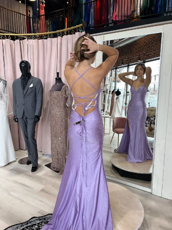 Lavender Mermaid Lace-up Back Prom Dress,Lavender Evening Dress Y4155 Lace Bodycon Dress