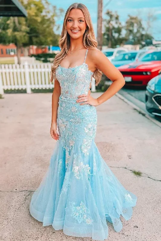 Light Blue Appliques Straps Lace-Up Mermaid Long Prom Dress  Y6179 Flowy Lace Dress