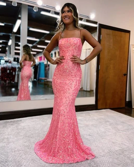 Modern Pink Long Spaghetti Straps Mermaid Prom Dress with Lace Y6451 Lace Gown Style