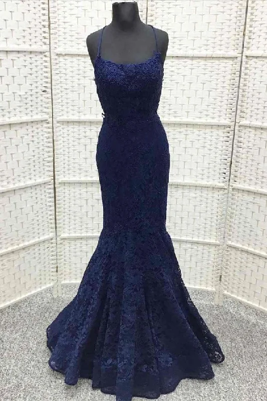 Navy Blue Lace Embroidered Lace-Up Trumpet Long Prom Dress Y6765 Lace Dress Accent