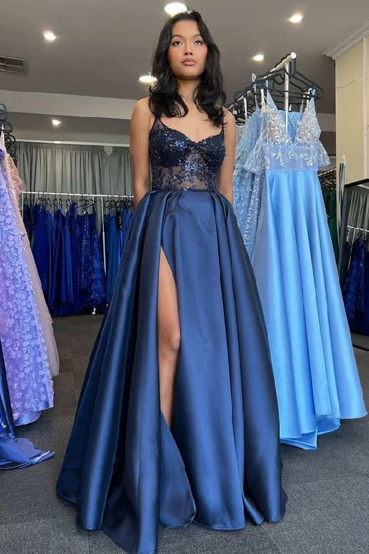 Navy Satin Lace V-Neck A-Line Long Prom Dress with Slit Y6220 Lace Dress Summer