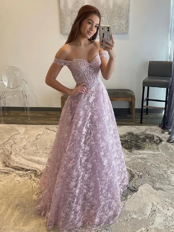 Off Shoulder Lilac Lace Long Prom Dresses, Off the Shoulder Formal Dresses, Lilac Evening Dresses Y5340 Lace Dress Classic