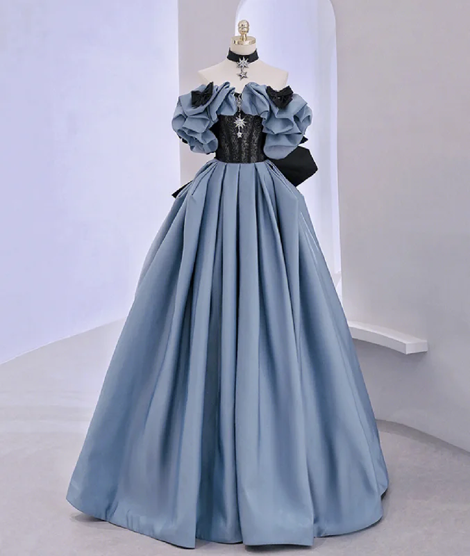 Off Shoulder Satin Lace Long Prom Dress, Blue Evening Dress Y2619 Romantic Lace Dress