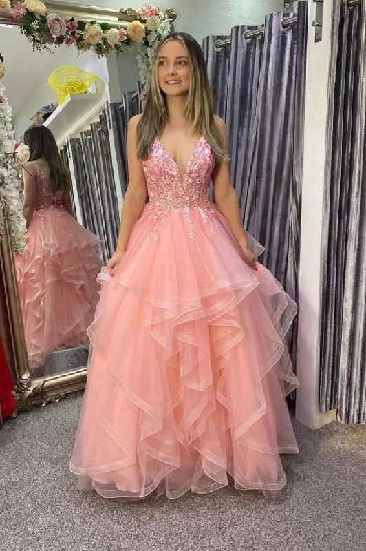 Pink V-Neck Lace Long Prom Dresses, A-Line Pink Evening Dresses Y1885 Lace Shift Dress