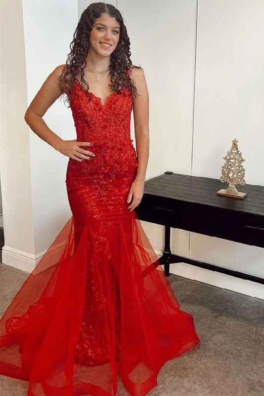 Red Appliques V-Neck Lace-Up Trumpet Long Prom Dress Y5955 Lace Dress Glow