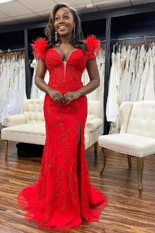 Red Lace Mermaid Prom Dress With Split,Red Evening Dress Y5721 Lace High Neck Dress