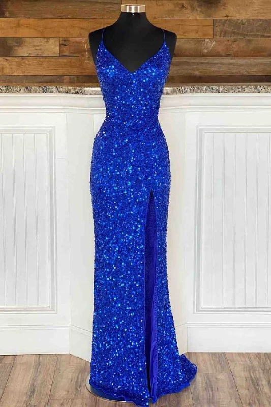 Royal Blue Lace-Up High Slit Glitter Long Prom Dress Y5733 Lace Dress Modern