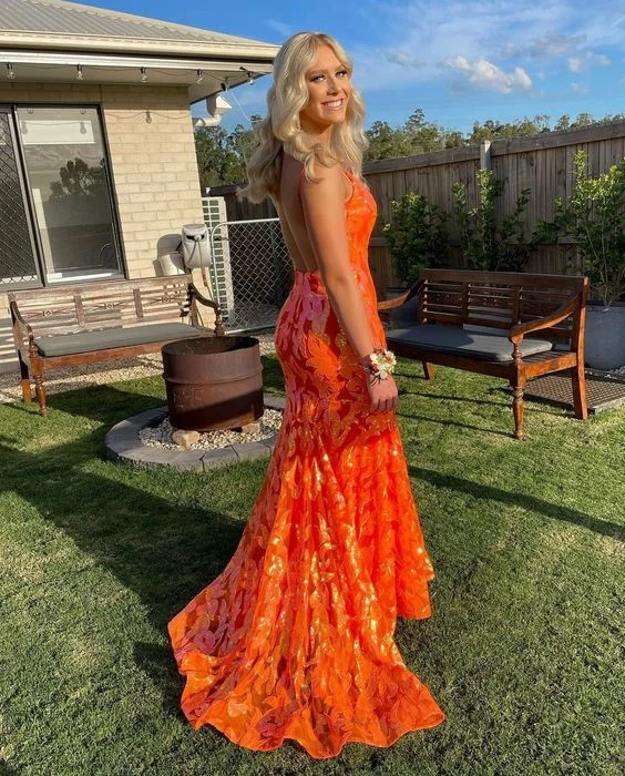 Shiny Mermaid Orange Lace Long Prom Dress,Glam Dress Y6198 Lace Dress Glamorous