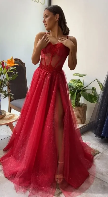 Shiny Sweetheart Neck Red Lace Long Prom Dresses, High Slit Red Lace Formal Dresses, Red Lace Evening Dresses Y1673 Lace Dress Glam