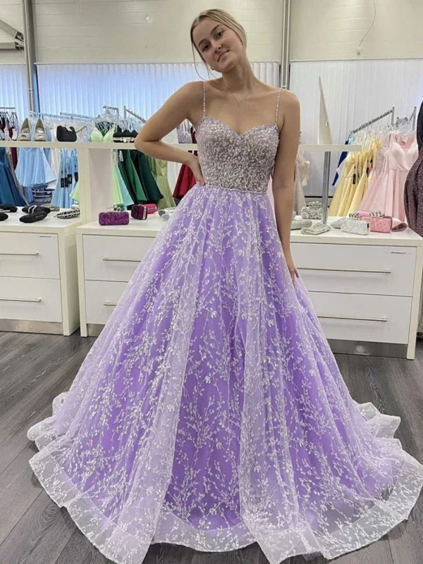 Sweetheart Neck Open Back Purple Lace Long Prom Dresses, Purple Lace Formal Dresses, Purple Evening Dresses Y1730 Tiered Lace Dress