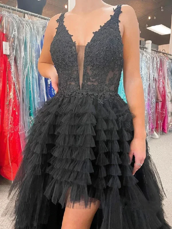 V Neck Backless High Low Beaded Black Lace Long Prom Dresses, Backless Black Formal Dresses, Black Lace Evening Dresses Y1769 Lace Dress Vibe