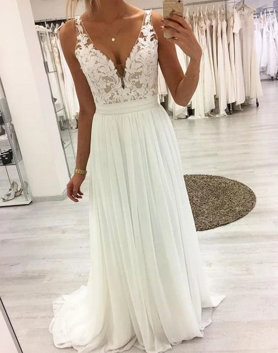 White v neck lace chiffon long prom dress, white lace evening dress S4622 Lace Dress Casual